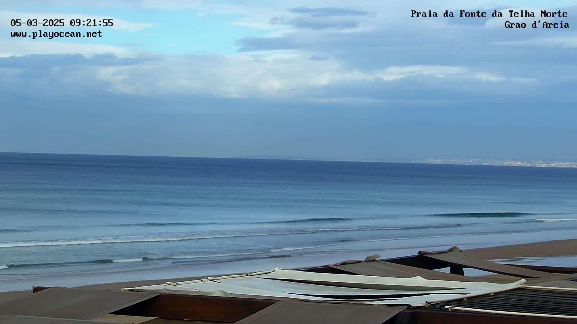 A mostly sunny day at a beach shows a calm ocean with small waves lapping a sandy shore, partially obscured by the tops of several beach umbrellas in the foreground.
