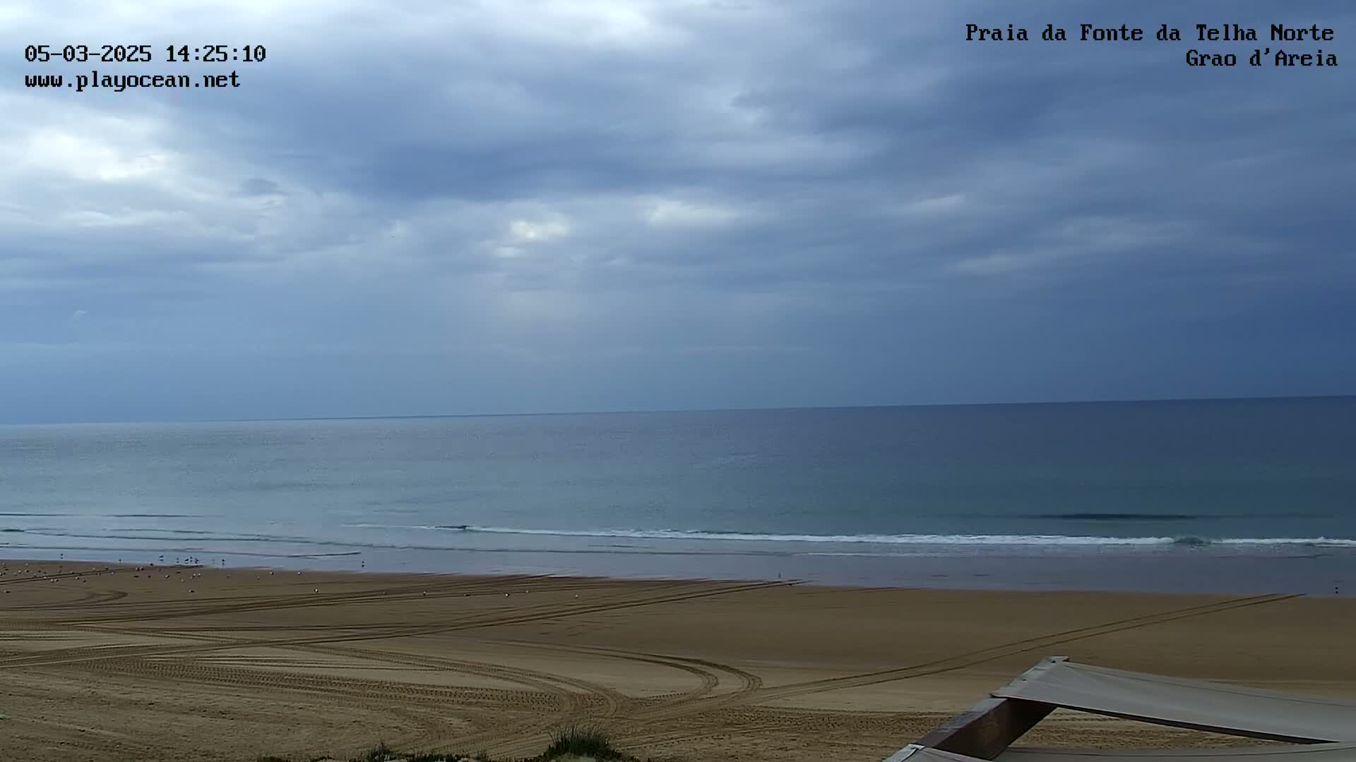 A sandy beach with tire tracks and a few birds stretches to a calm ocean under a mostly cloudy sky.