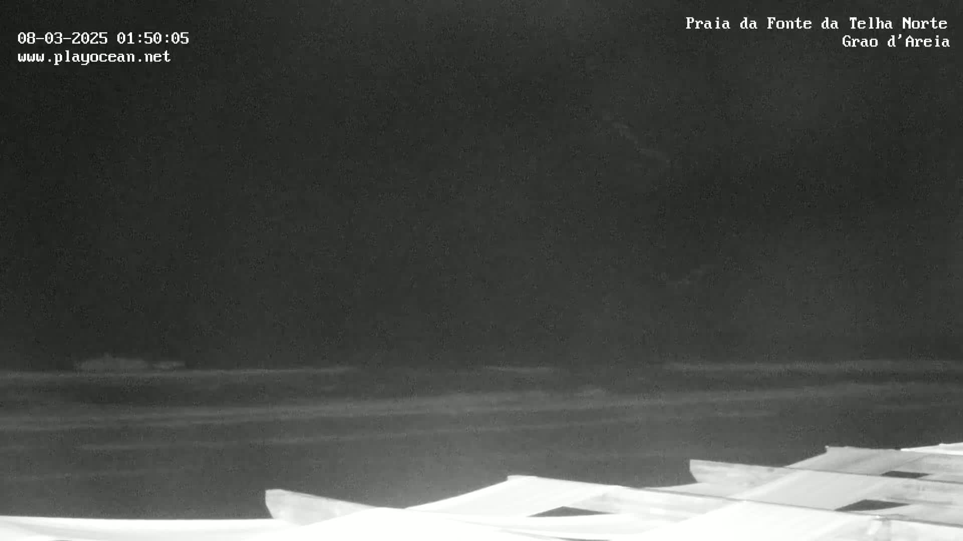 A nighttime, low-light image shows a dark ocean and beach with several boats visible in the foreground.