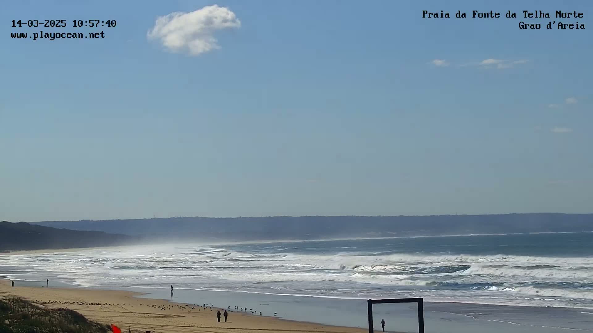 A mostly clear, sunny day shows a wide sandy beach with a few people walking, birds, and small waves rolling onto the shore, backed by a distant coastline.