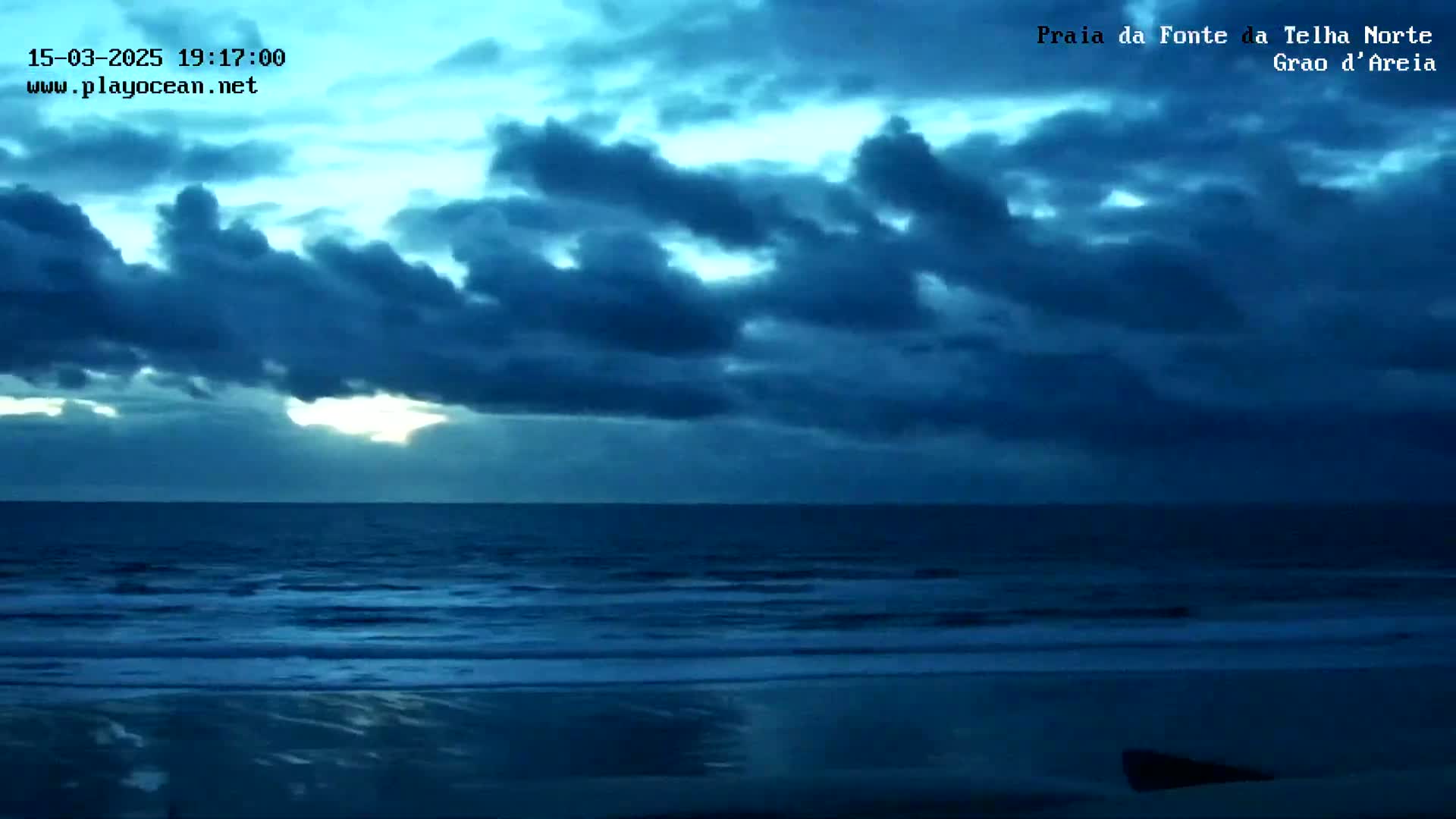 A dark blue ocean meets a mostly cloudy sky with hints of a setting sun.