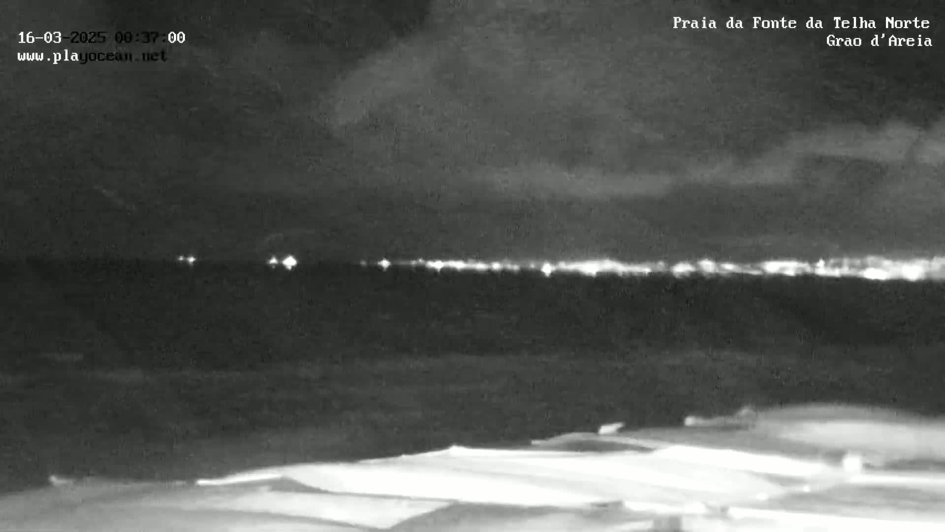 A nighttime, low-light view shows a distant city skyline illuminated against a cloudy sky, with a dark foreground that appears to be a beach or shoreline.