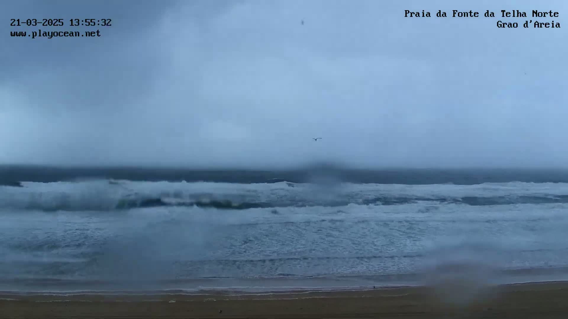 A beach with large, choppy waves under an overcast sky.