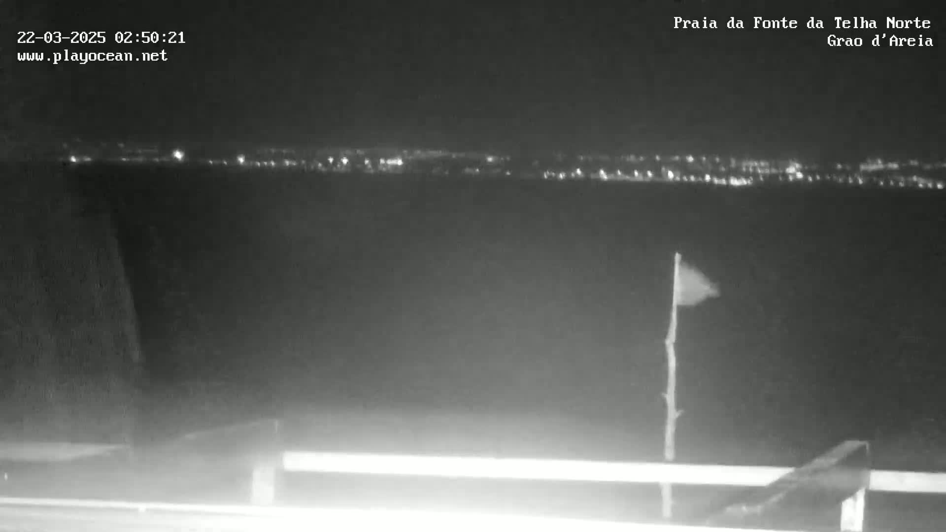 A nighttime, low-light view shows a distant line of city lights across a dark body of water, with a flagpole and a railing visible in the foreground.