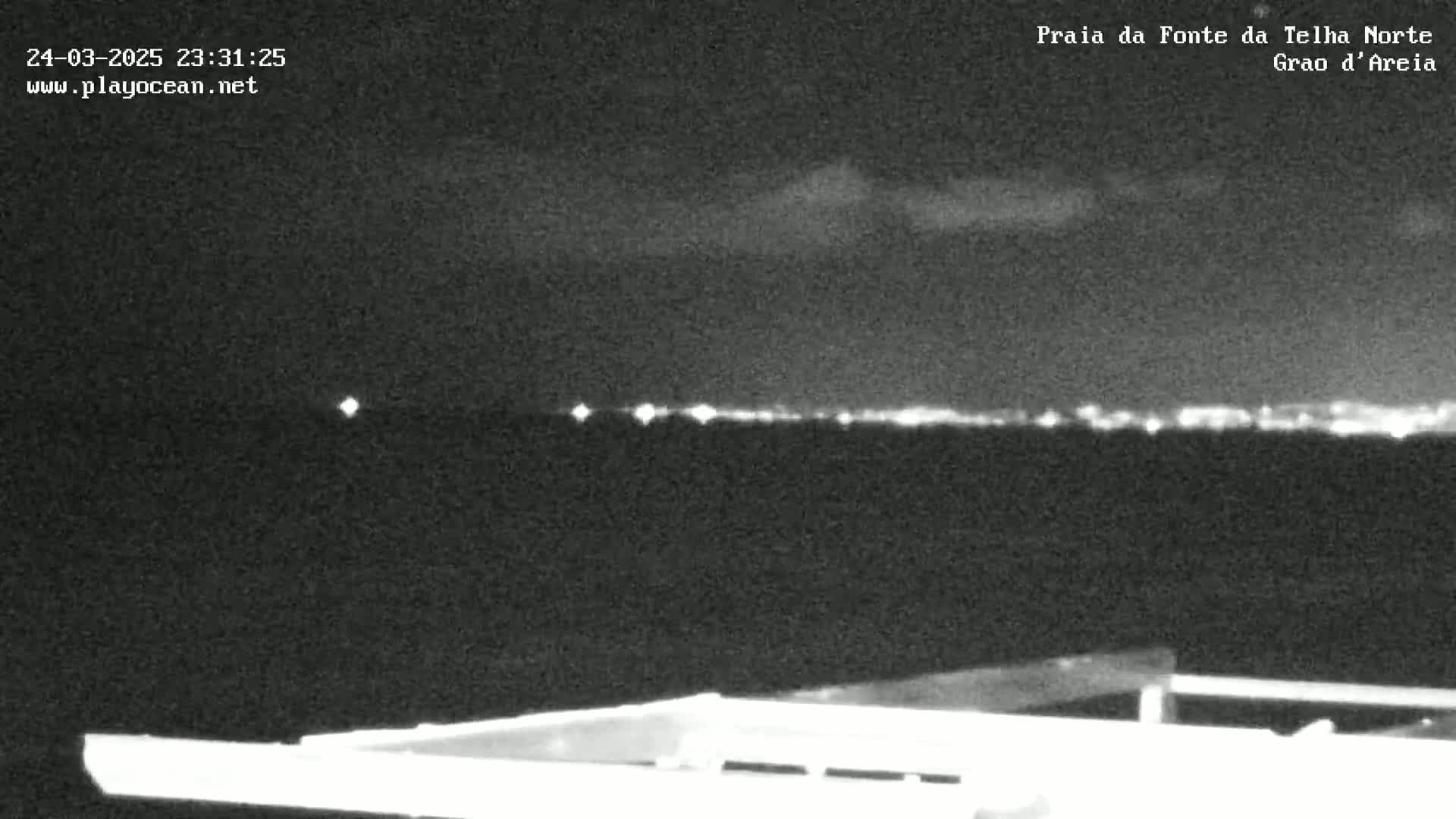 A nighttime view of a dark body of water with a distant, faintly lit shoreline under a mostly clear sky.