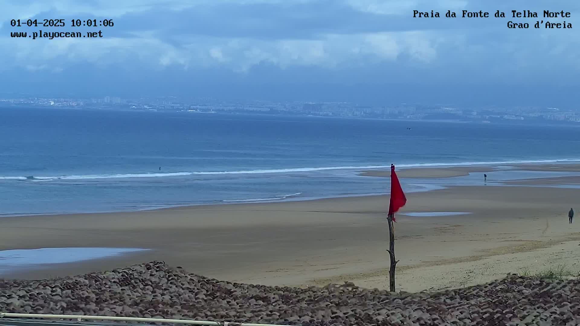 A sandy beach with a red flag, gentle waves, and a distant city skyline under a cloudy sky.