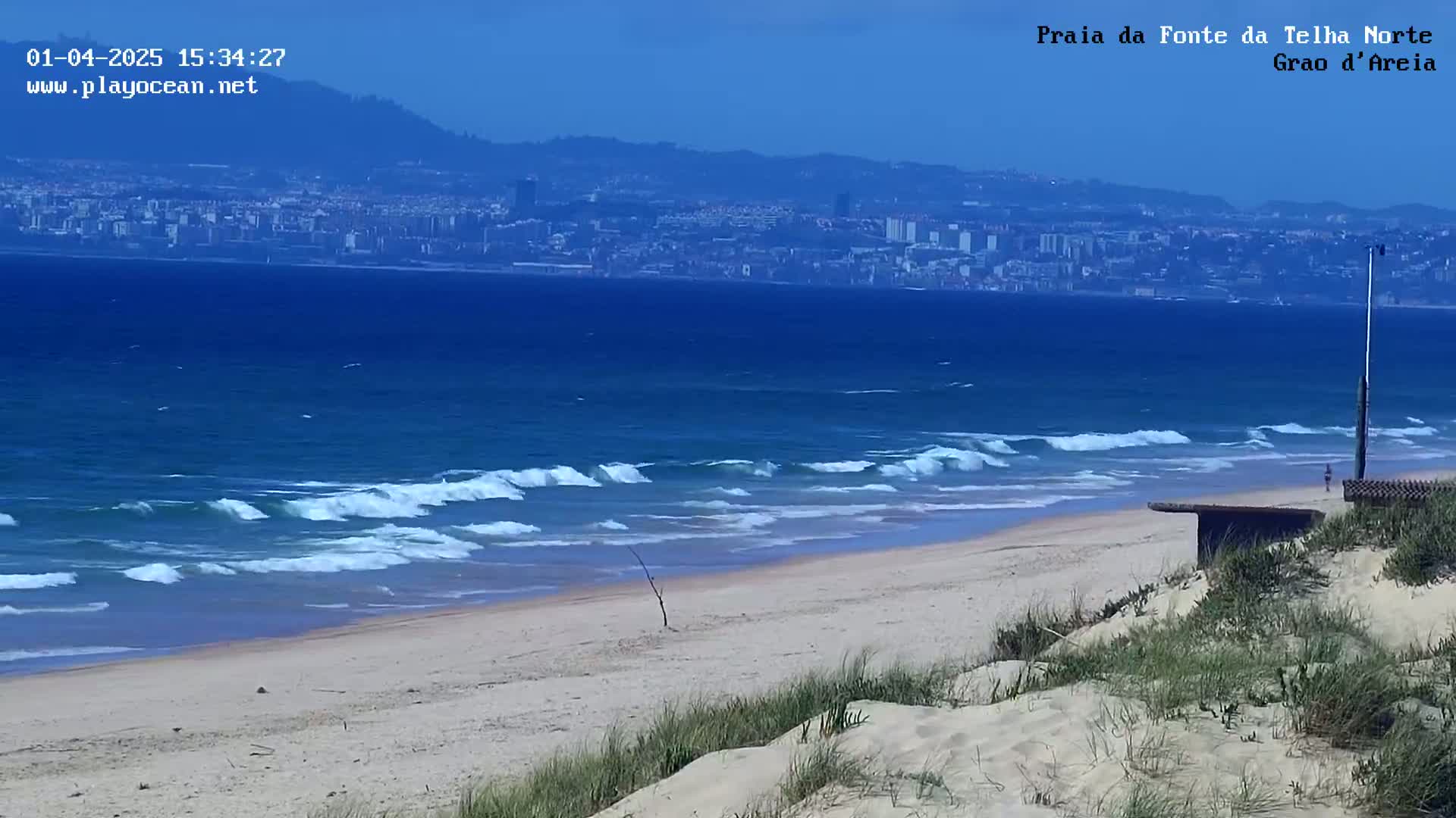 A sandy beach with small waves laps the shore under a clear blue sky, with a distant city visible across the water.