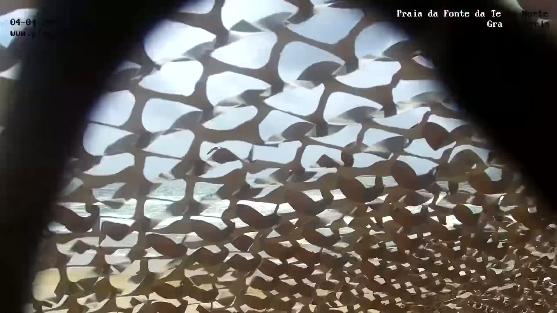 A view of a beach with waves under a partly sunny sky, seen through a camouflage net.