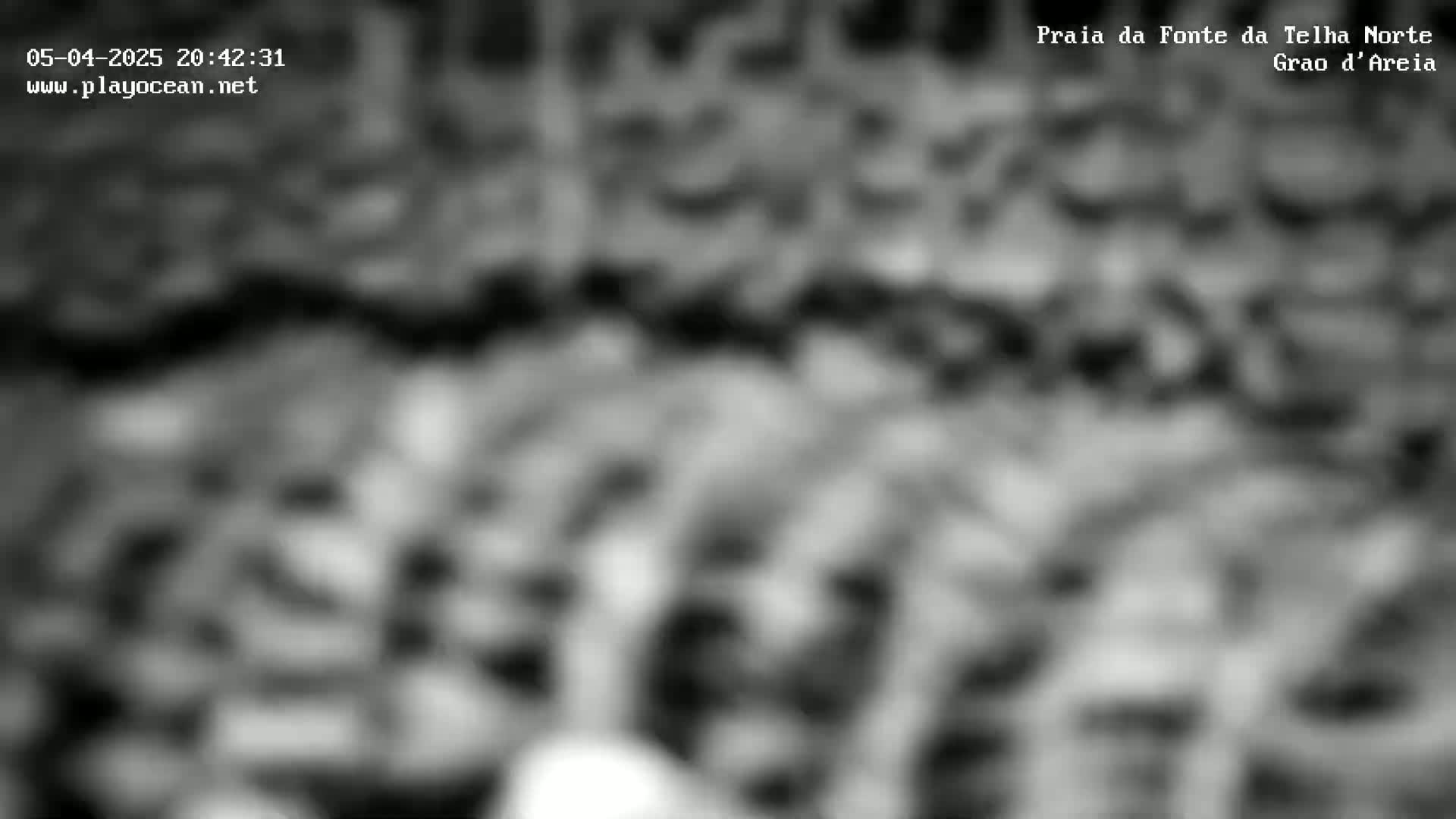 A blurry grayscale image shows an indistinct, out-of-focus scene of what appears to be a beach at night.