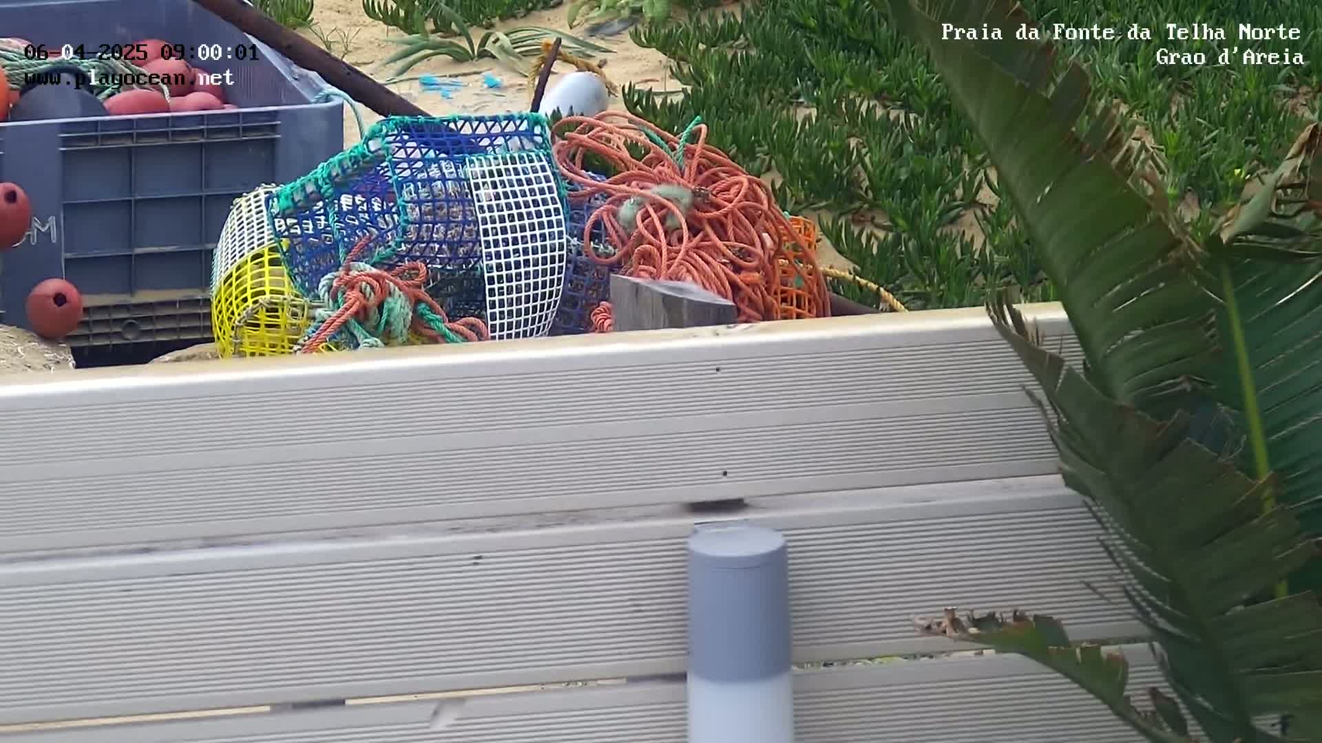 Colorful fishing traps, ropes, and floats are piled near a gray plastic crate behind a light gray slatted bench, partially obscured by a palm-like plant.