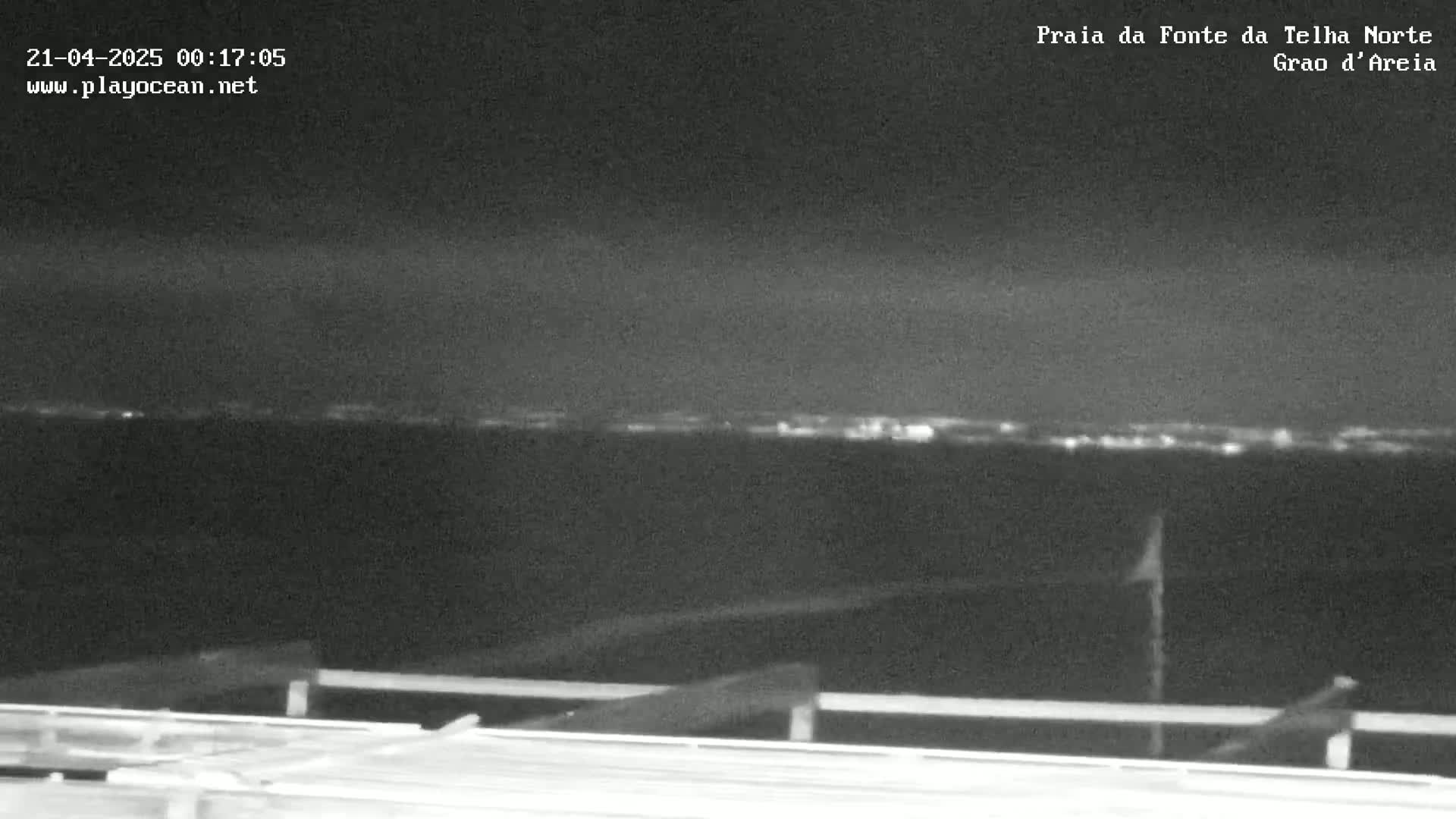 A nighttime, low-light view shows a distant city skyline illuminated over a dark body of water, observed from a vantage point behind a low railing.