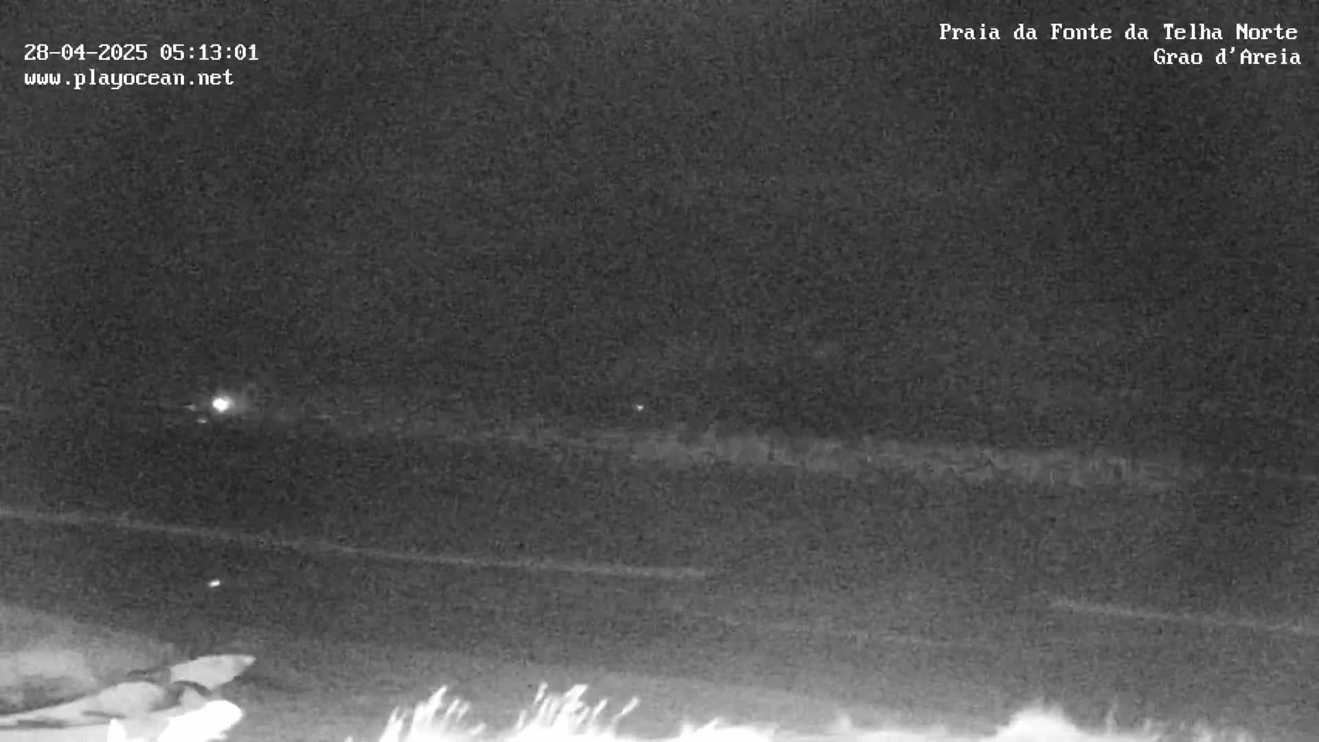 A low-light nighttime image shows a dark beach with a faint shoreline and some vegetation in the bottom right corner.
