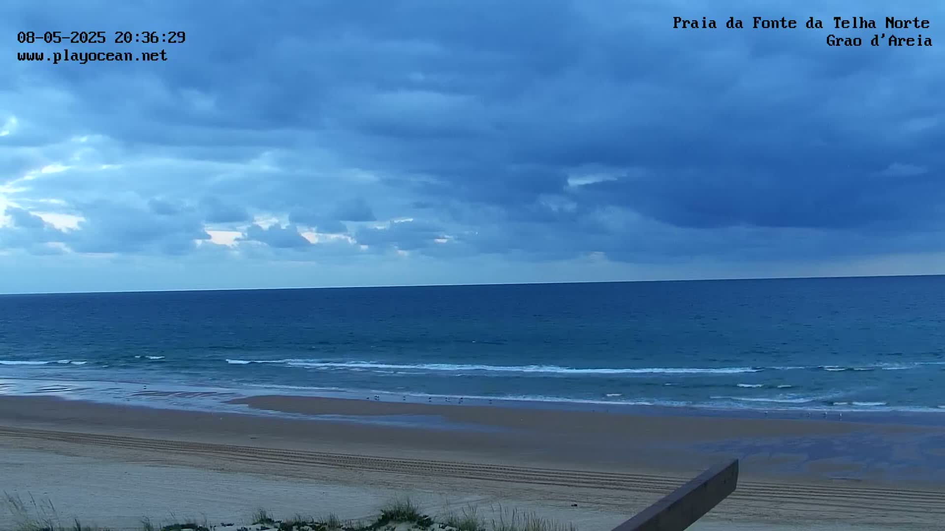 An overcast sky hangs over a calm ocean and sandy beach.
