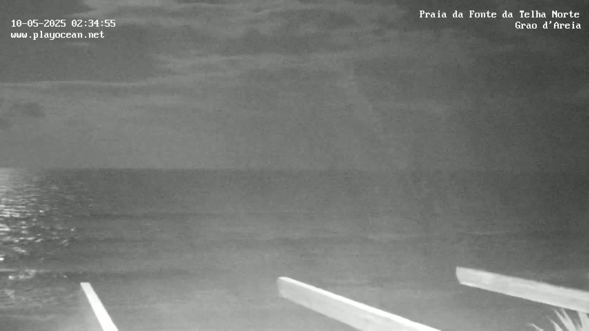 A dark, overcast night scene shows a calm, dark ocean with two long, light-colored planks extending from the bottom of the image towards the water.