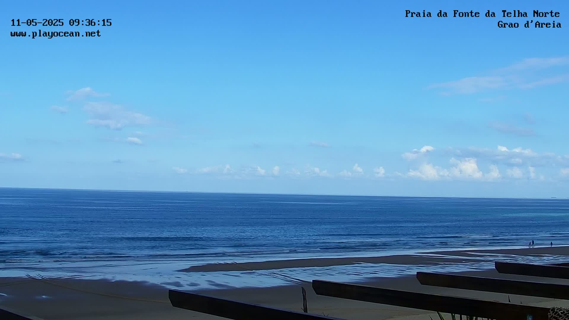 A mostly sunny beach scene shows a calm ocean with small waves lapping a sandy shore, under a blue sky with scattered clouds.