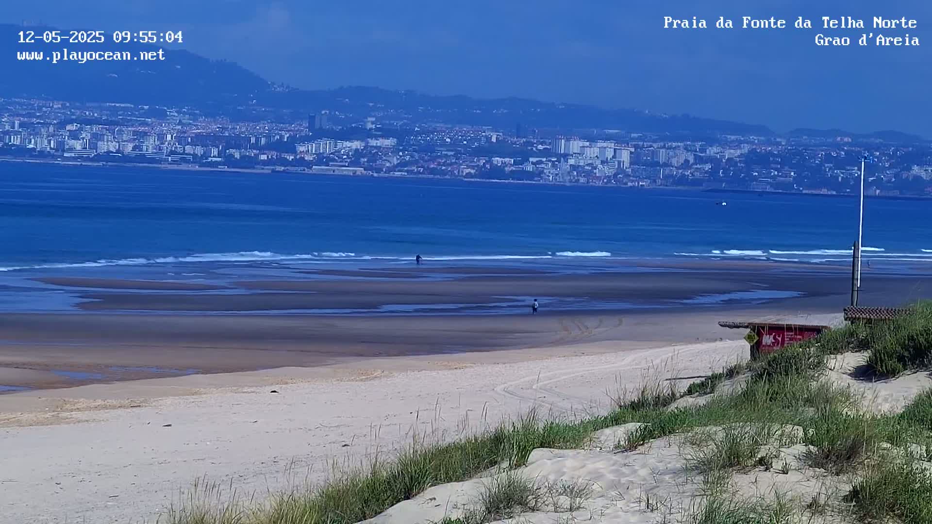 A sandy beach with small waves laps the shore under a clear sky, with a distant city visible across the water.