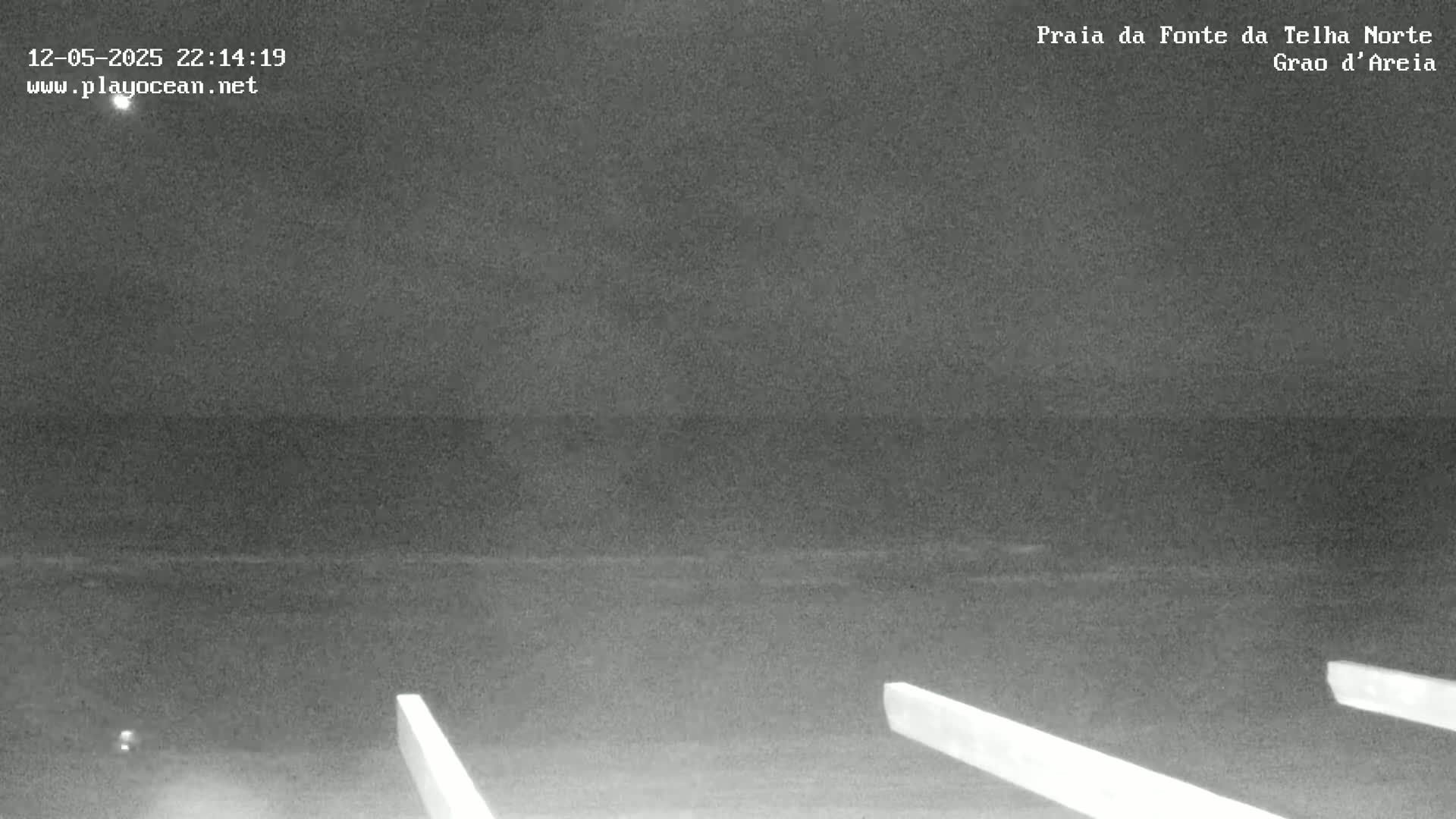 A nighttime, low-light image shows a dark beach and ocean under a cloudy sky; three long, light-colored planks are visible in the foreground.