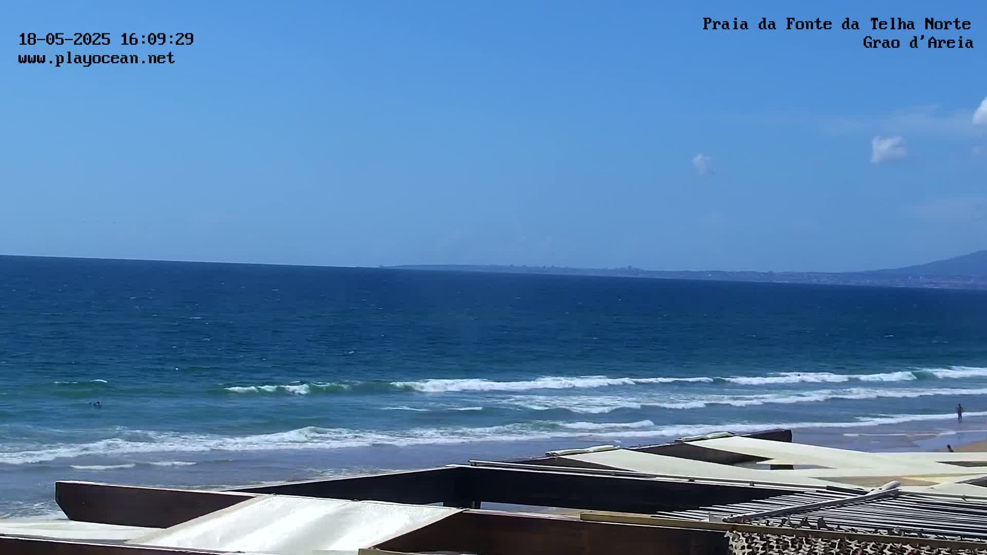 A partly sunny day at a beach shows a calm ocean with small waves lapping the shore, viewed from behind a wooden structure with white canopies.