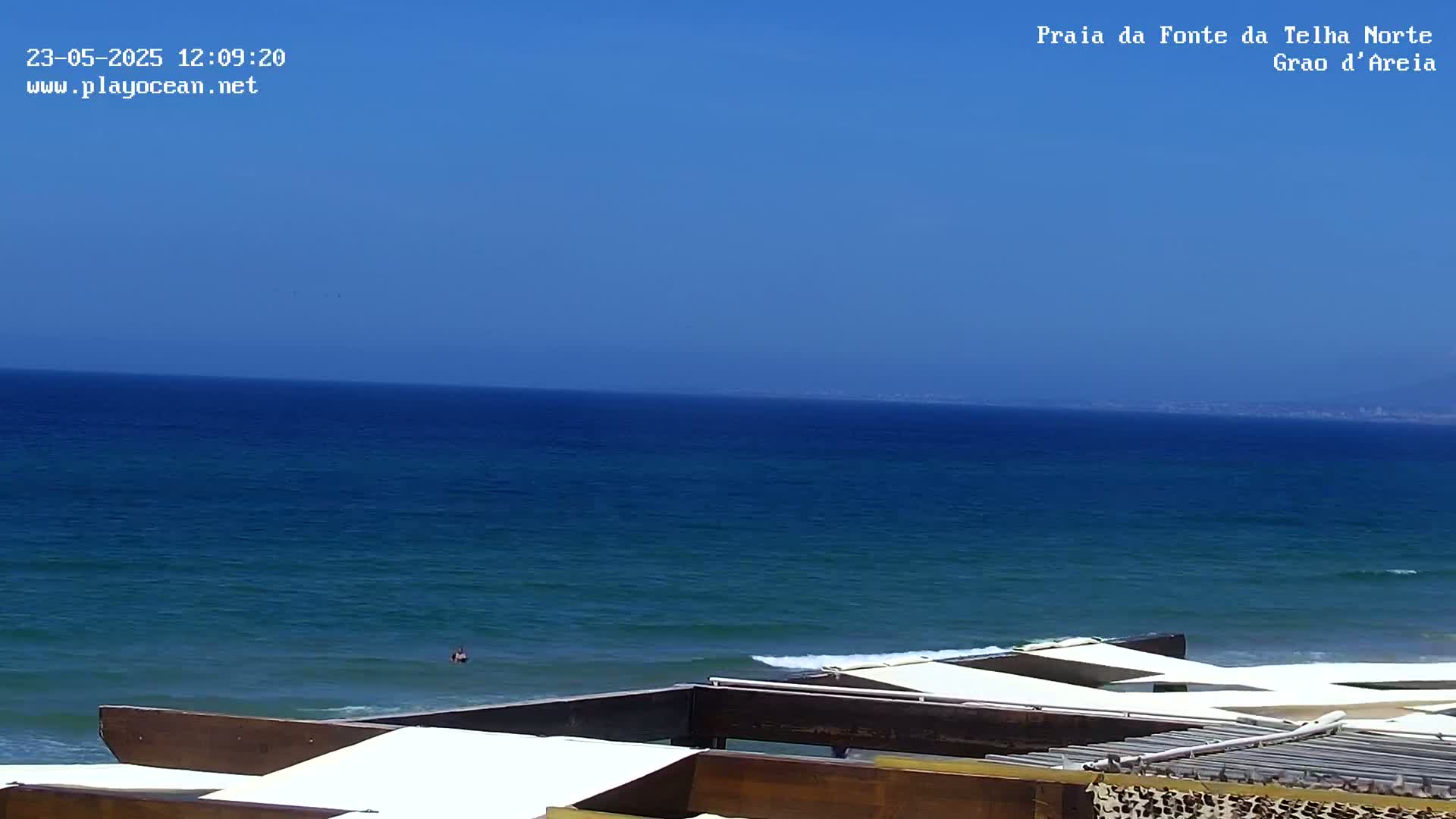 A mostly sunny day shows a calm ocean with small waves lapping a beach where several white covered structures are situated.