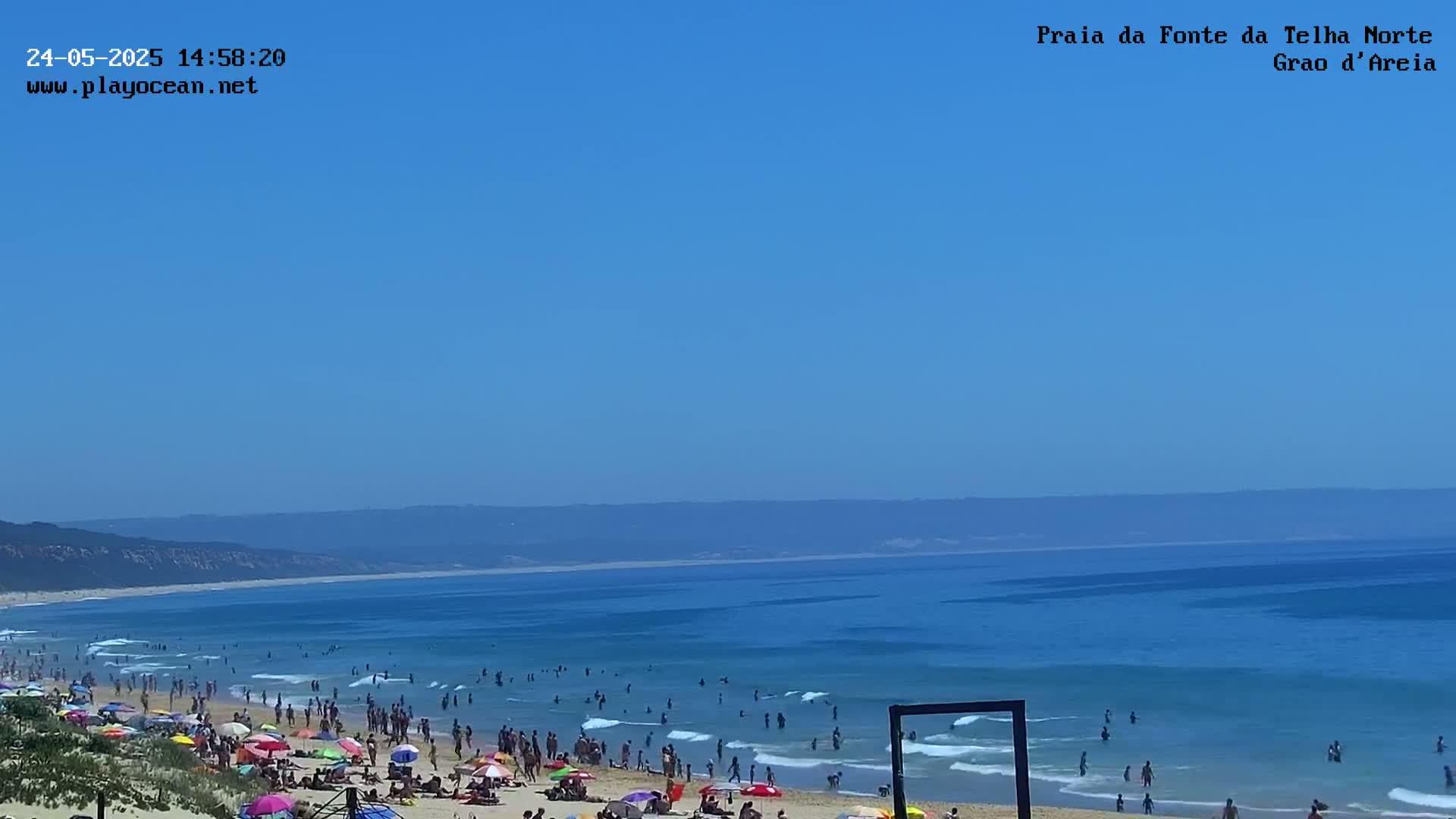 A sunny day at a crowded beach shows a wide expanse of blue ocean with gentle waves lapping a sandy shore where many people are swimming, sunbathing, and relaxing under colorful umbrellas.