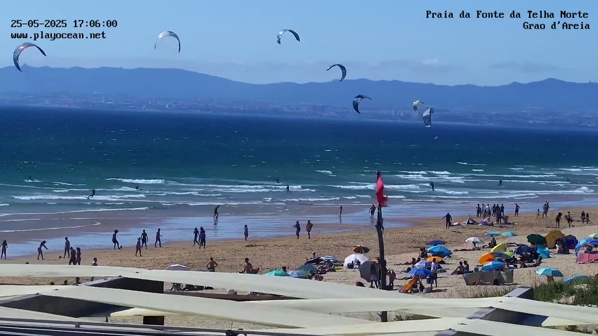 A sandy beach with many people and colorful umbrellas is shown under a clear, sunny sky, with several kitesurfers in the ocean and distant mountains in the background.