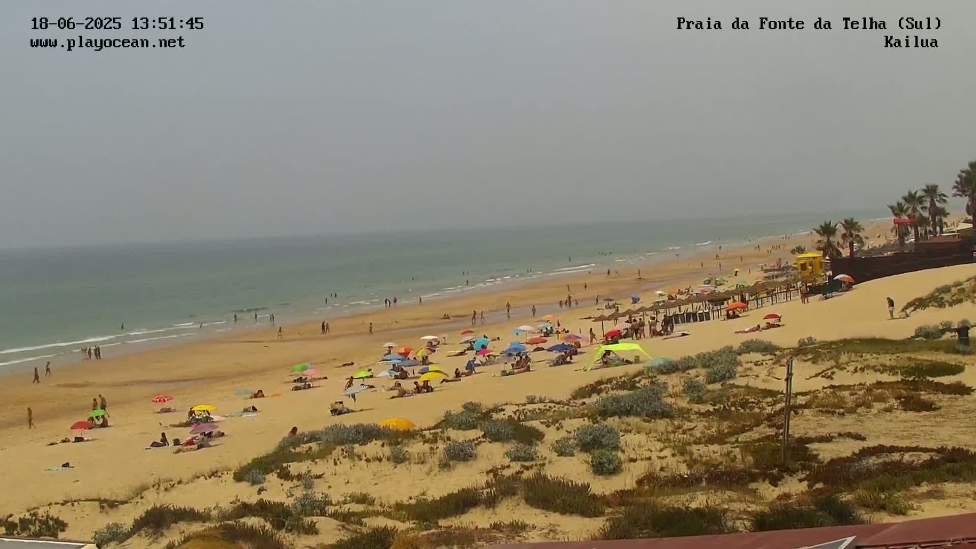 A hazy beach scene shows many people relaxing under colorful umbrellas on a sandy shore with a calm ocean in the background.