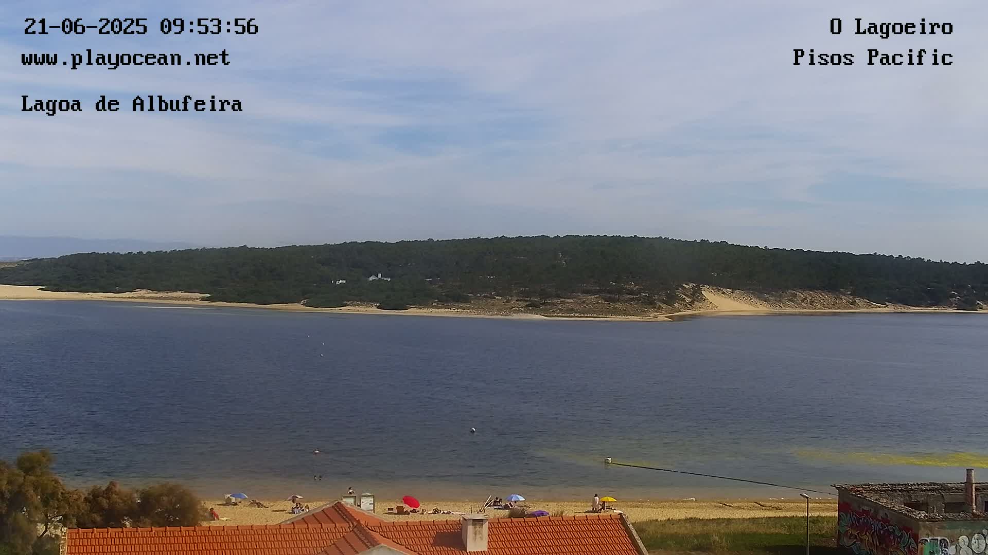 A calm body of water stretches to a sandy shore where people relax under umbrellas, with a tree-covered hill in the background under a mostly clear sky.