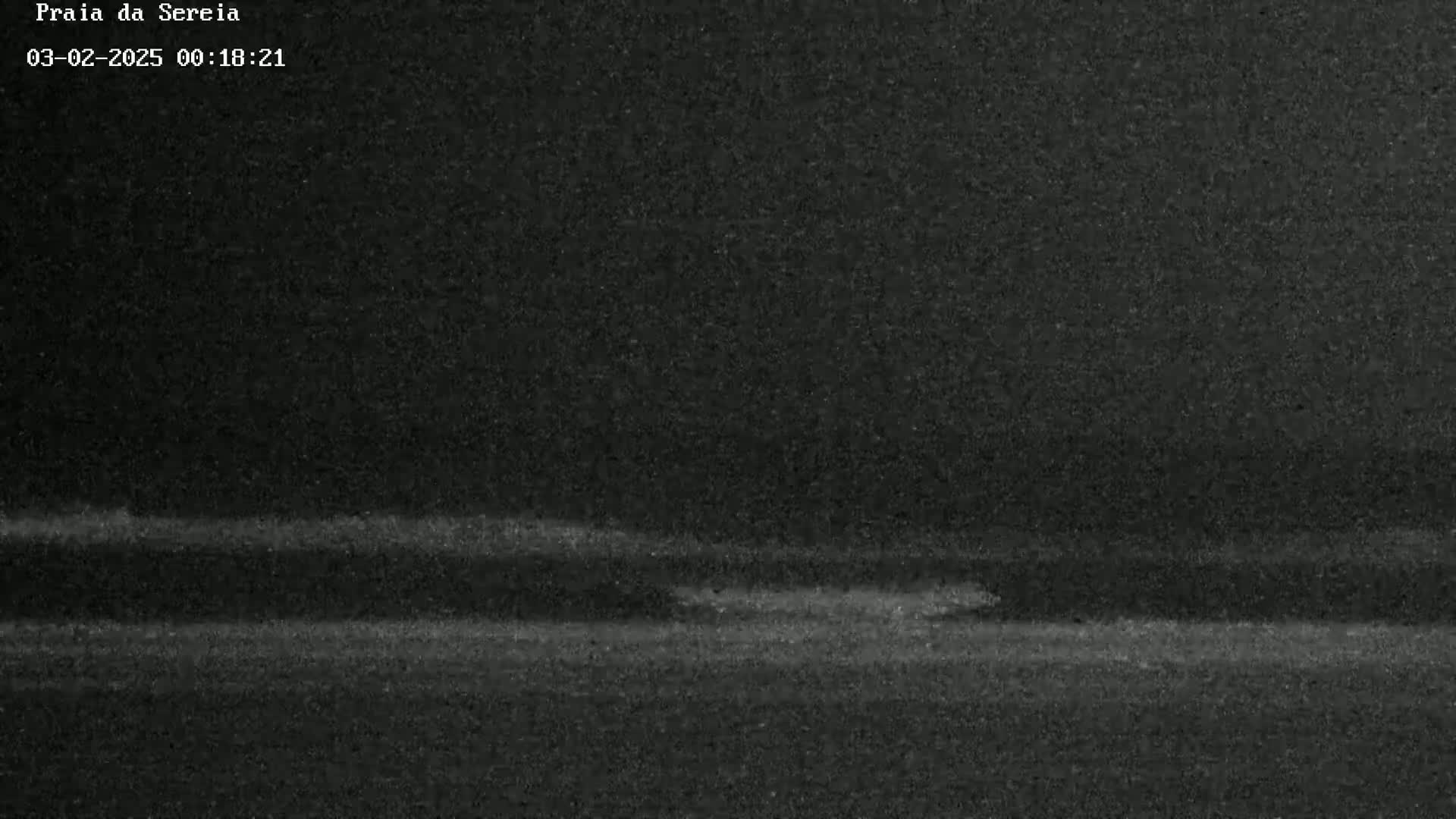 A nighttime, low-light image shows a dark, possibly sandy, shoreline with a faint, blurry horizon line.