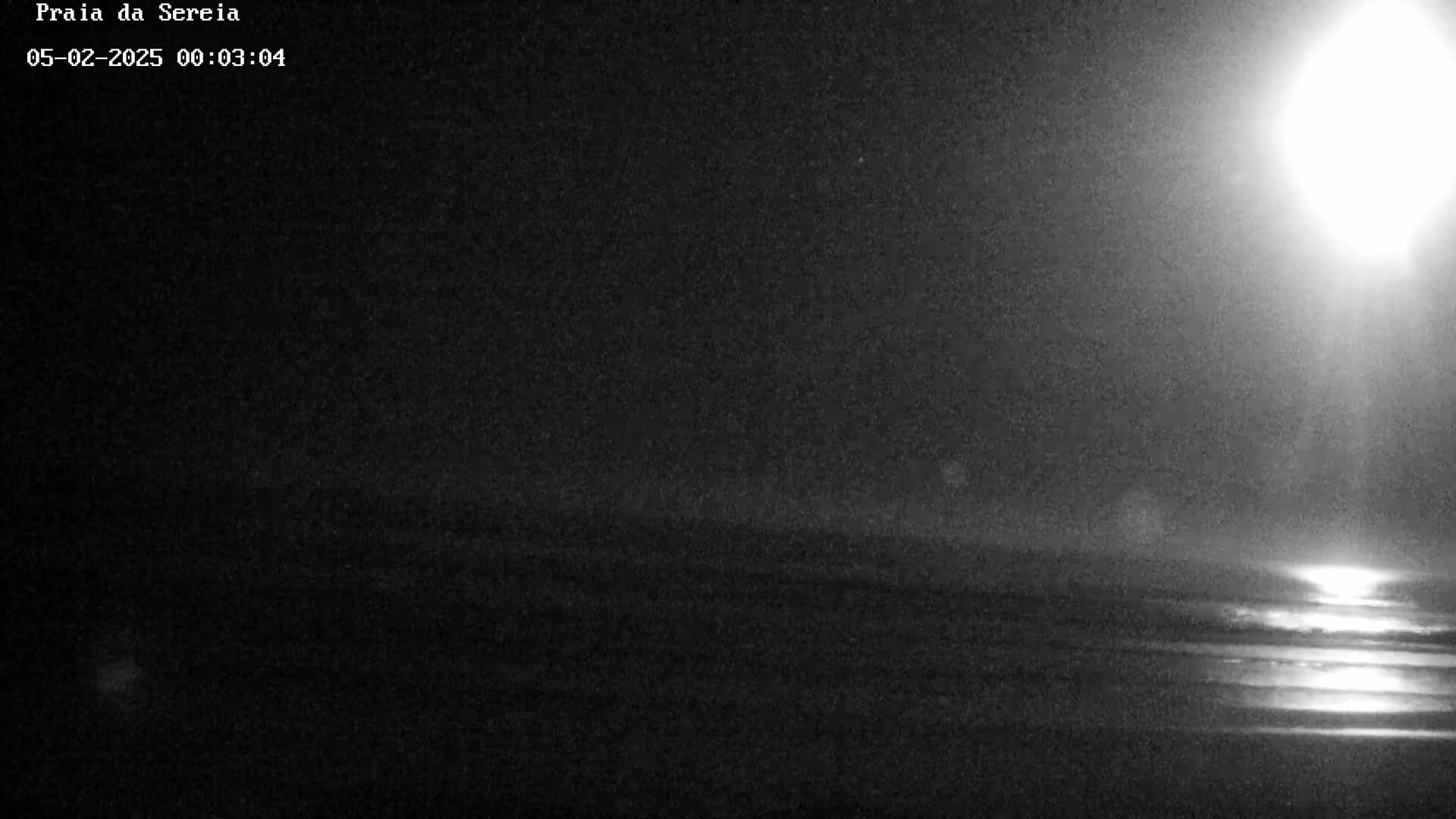 A dark, nighttime beach scene is illuminated by a bright light source reflecting on wet sand.