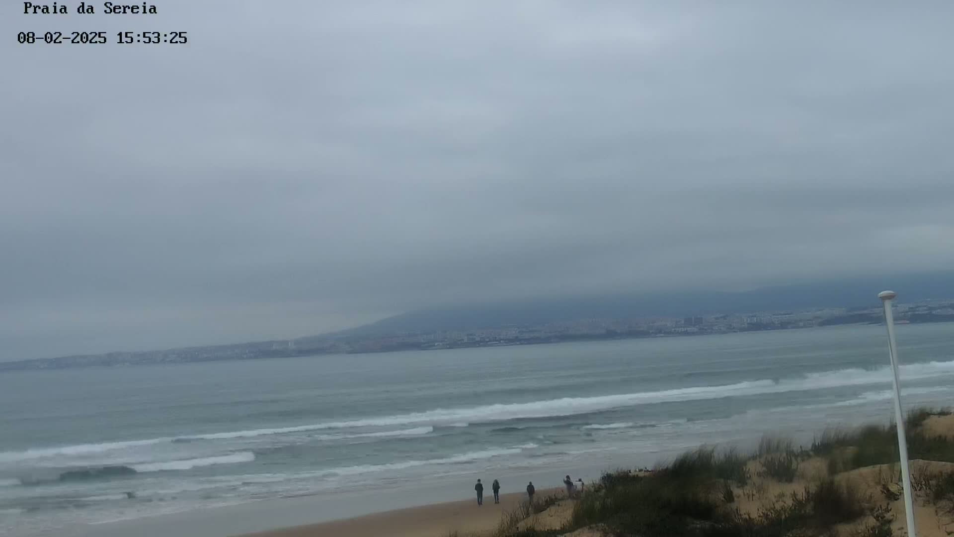 A sandy beach with small waves and a few people walking on it, overlooks a calm ocean with a distant city and mountain under an overcast sky.