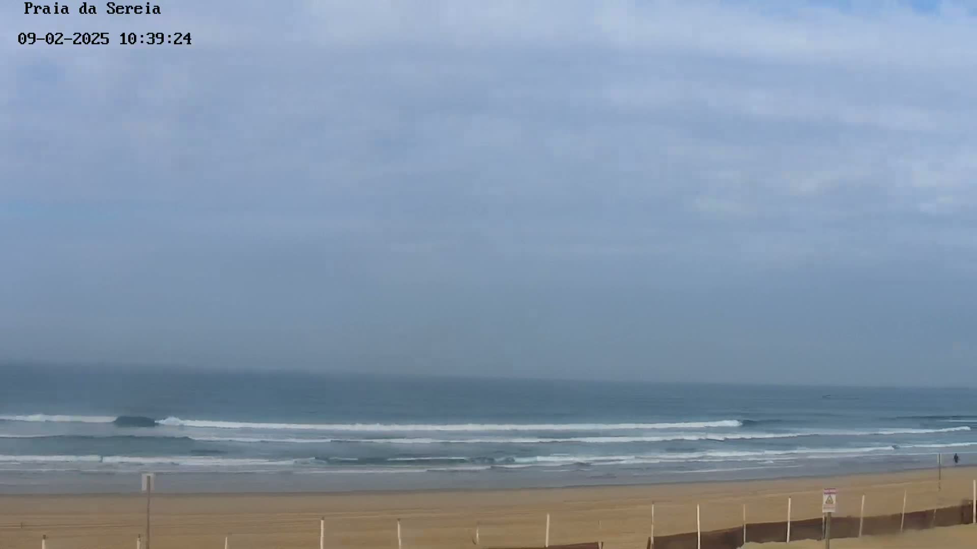 A sandy beach with gentle waves rolls into a calm, overcast ocean under a pale sky.