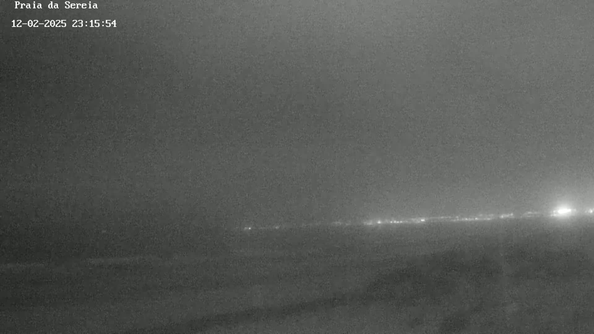 A low-light, nighttime image shows a dark, flat landscape with a faint line of lights in the distance under an overcast sky.