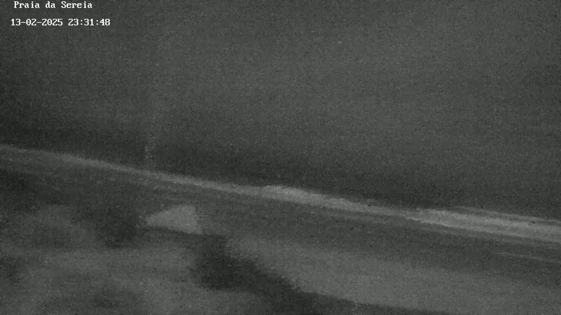 A low-light nighttime image shows a dark, flat expanse of land, possibly a road or beach, under overcast skies.