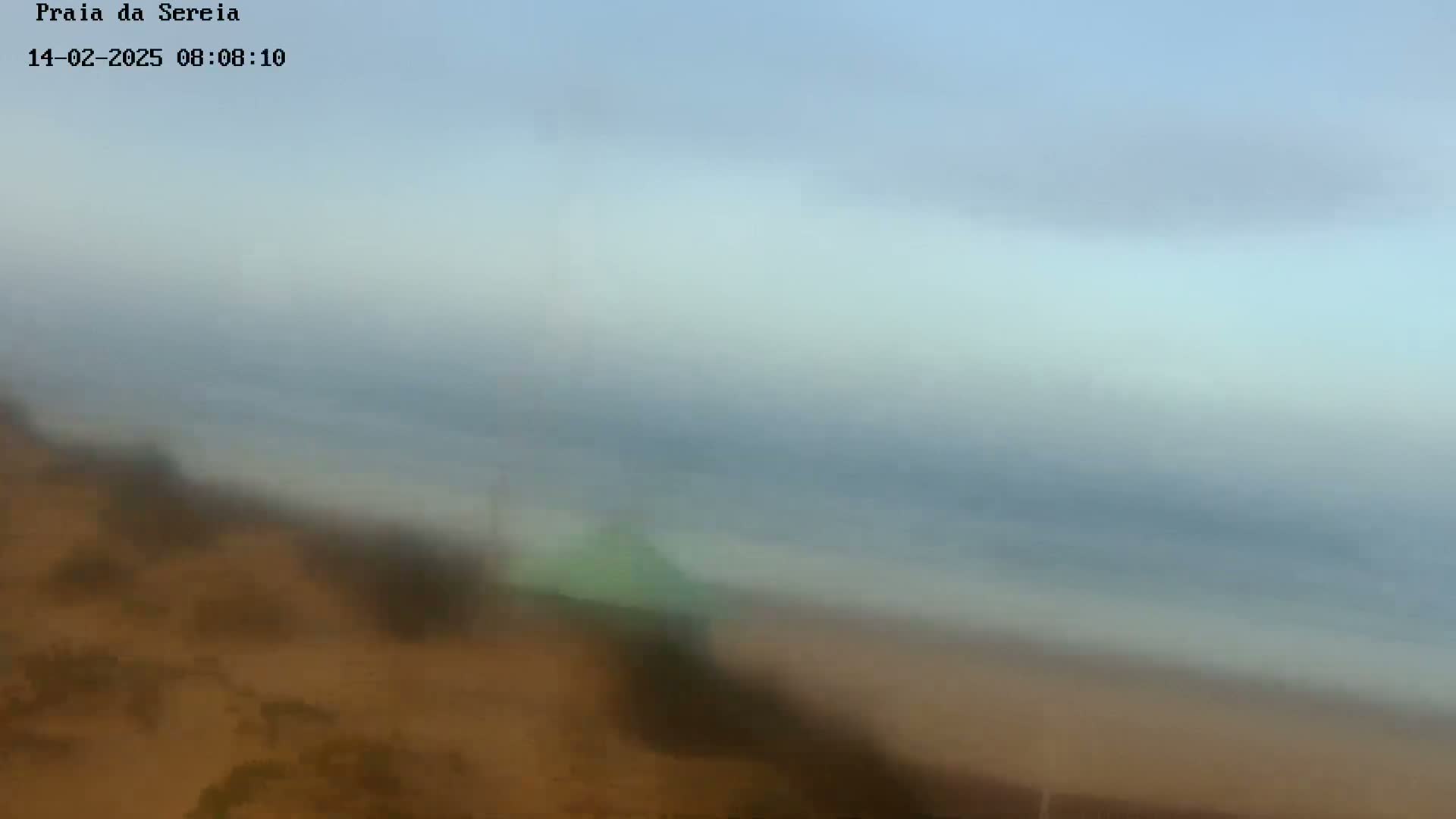 A blurry image shows a sandy beach and ocean under a hazy, overcast sky.