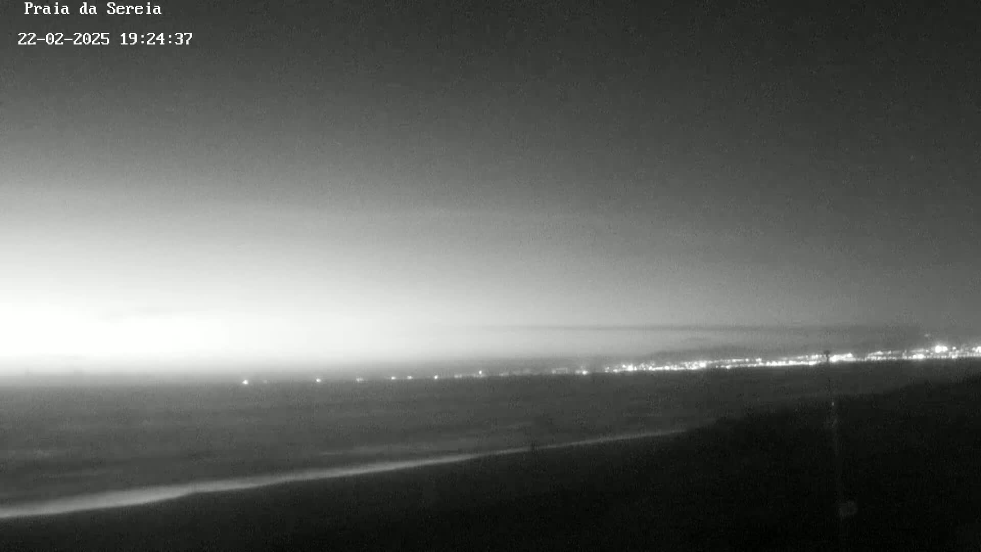 A nighttime, grayscale image shows a dark beach and ocean with a distant, faintly lit cityscape under a mostly clear sky.