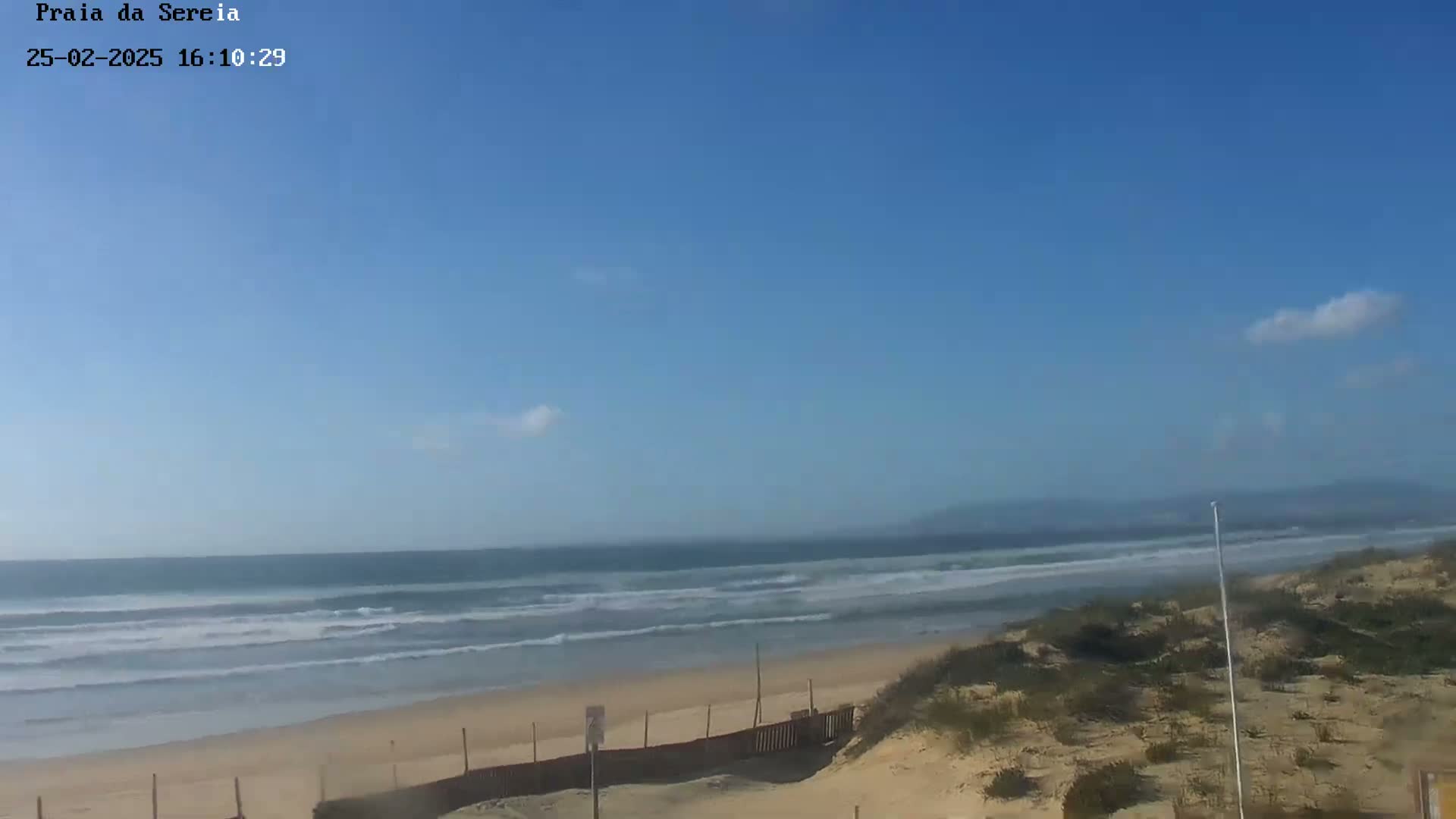 A mostly sunny day at a sandy beach shows gentle waves rolling onto the shore, with dunes and sparse vegetation in the foreground.
