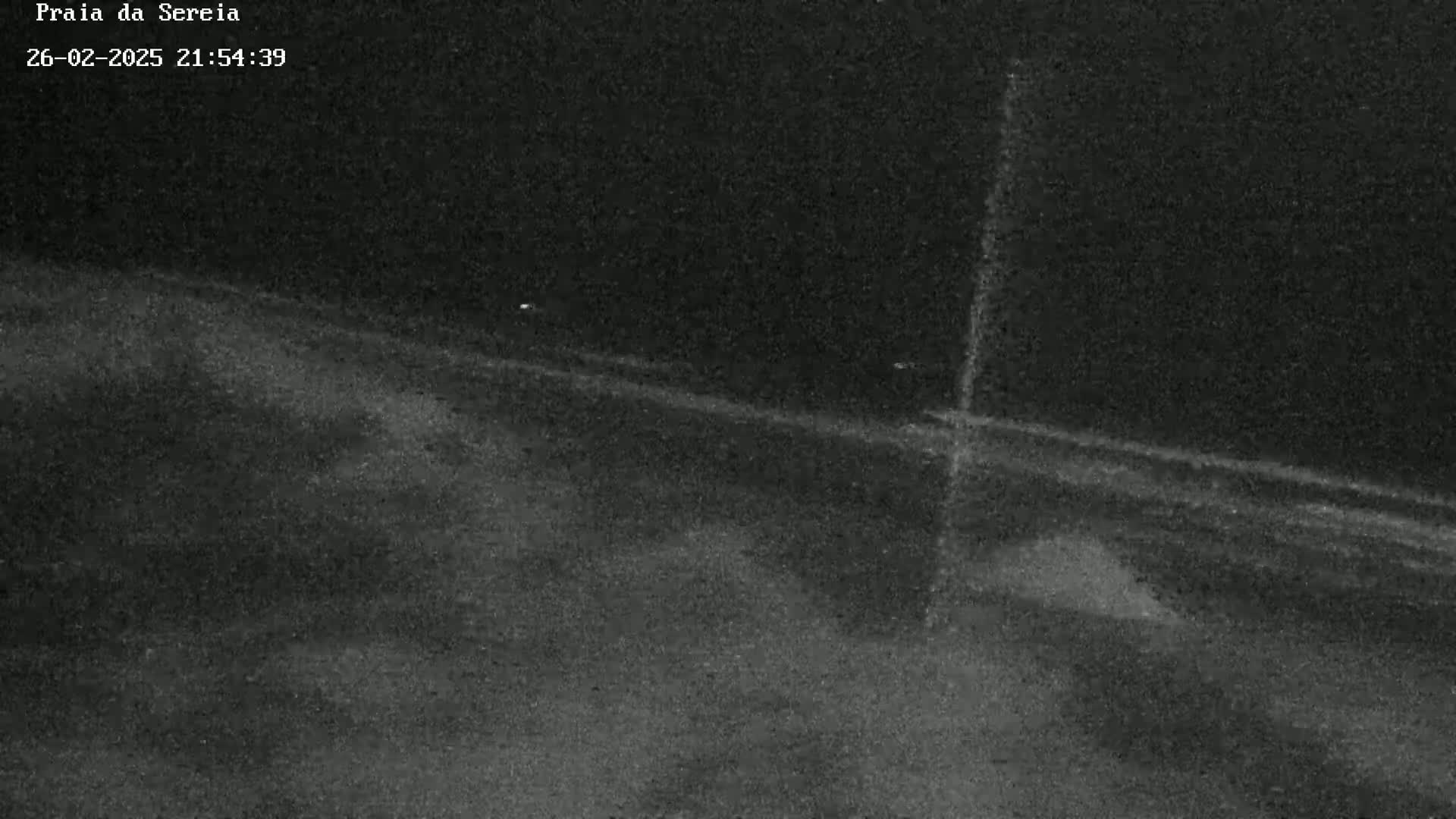 A dark, grainy nighttime image shows a beach at an oblique angle, with a tall, thin object standing near the center.