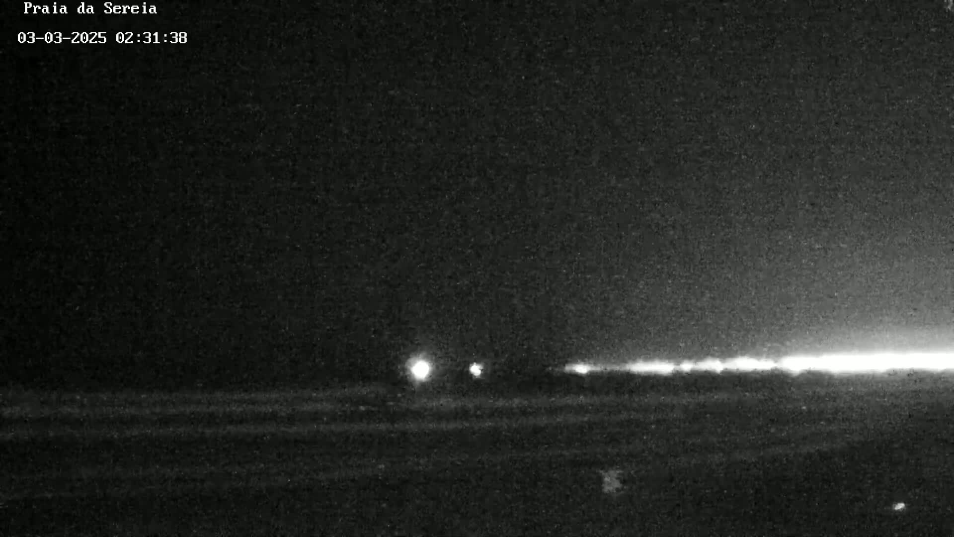 A nighttime, low-light image shows a flat, dark landscape with a bright horizontal line of distant lights in the background.