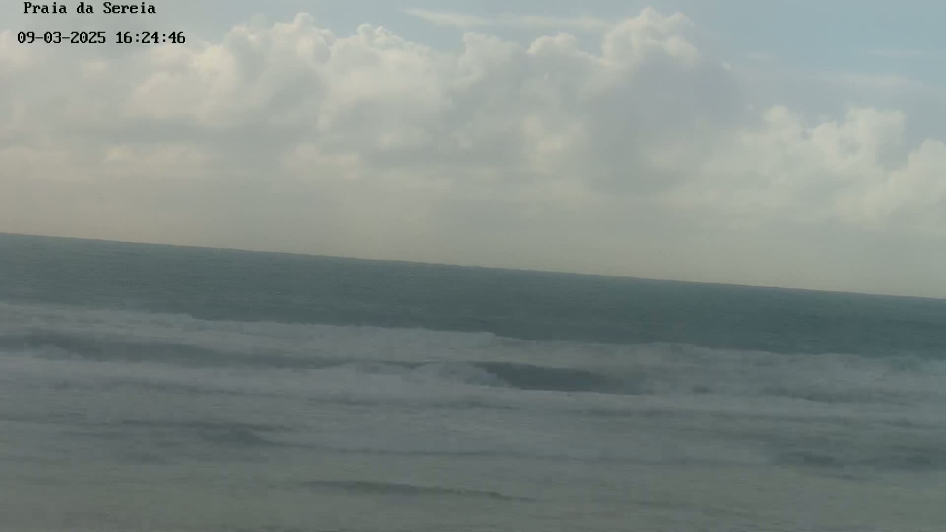 A mostly cloudy sky overlooks a dark teal ocean with small to medium waves breaking.