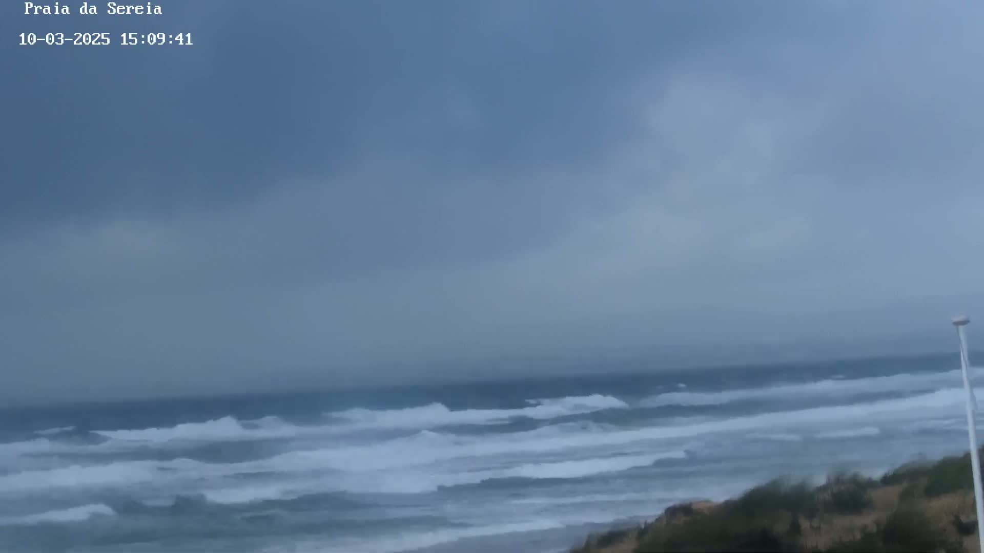 A gray, overcast sky hangs over a turbulent ocean with choppy waves breaking near a sandy shore with sparse vegetation.