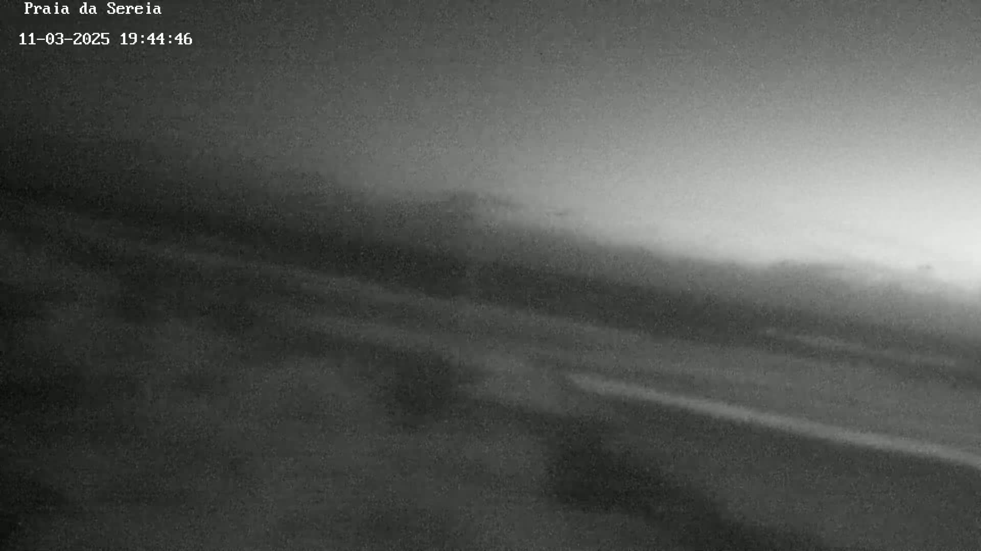 A low-light, hazy outdoor image shows a dark landscape with a pale horizon.