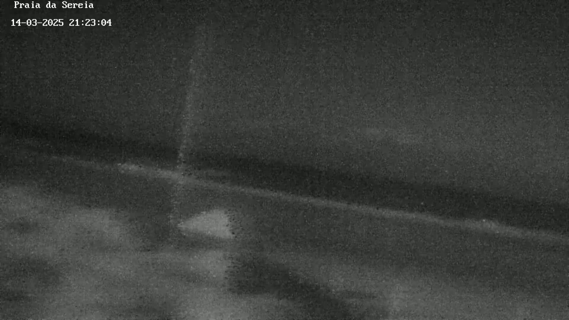 A dark, grainy image shows a beach at night under a mostly clear sky.