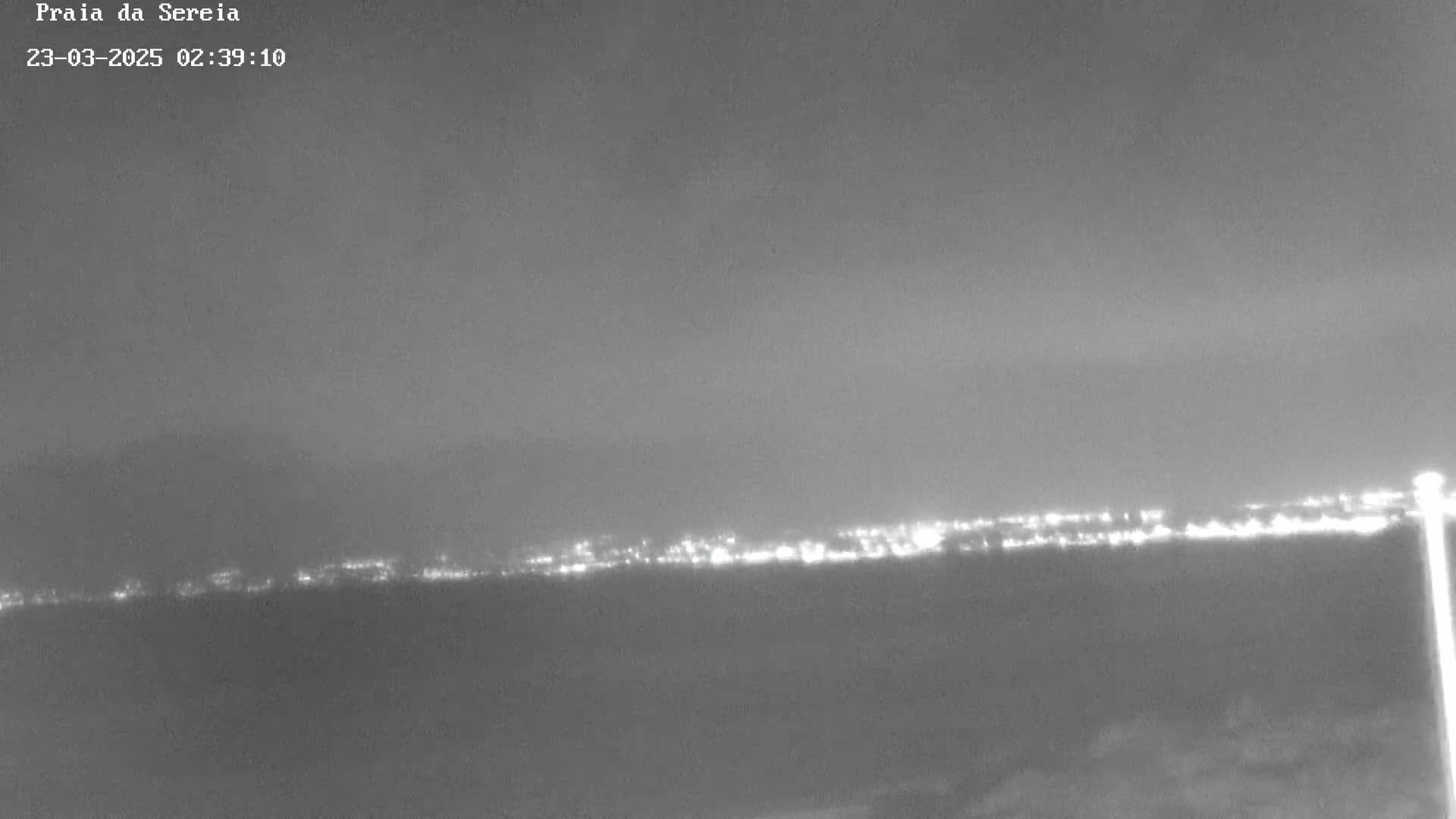 A nighttime long shot shows a city's lights on the horizon under a dark, cloudy sky.