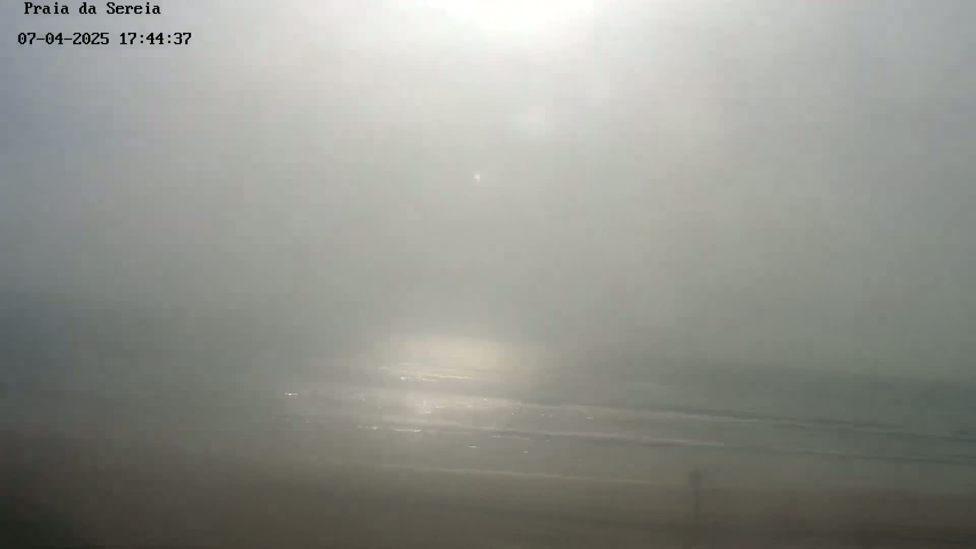 A hazy, bright beach scene is visible, with the sun barely seen through a thick layer of fog or mist.
