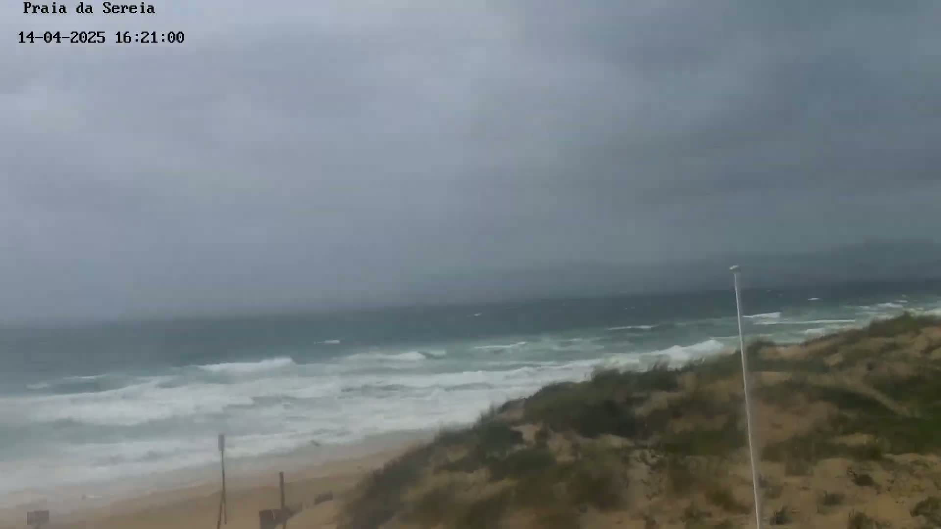 A sandy beach with moderate waves under an overcast sky is visible from a dune.