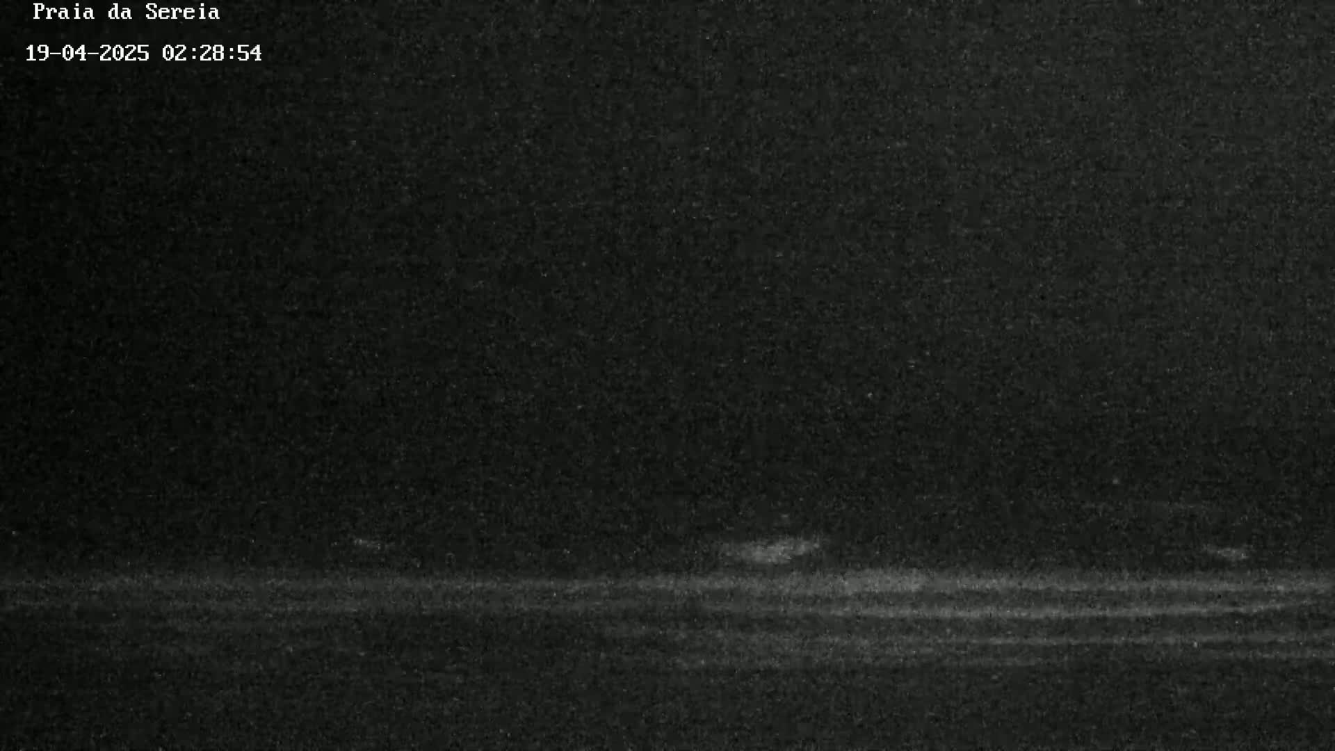 A nighttime, low-light image shows a dark, flat expanse of land with faint horizontal lines possibly indicating a road or beach.