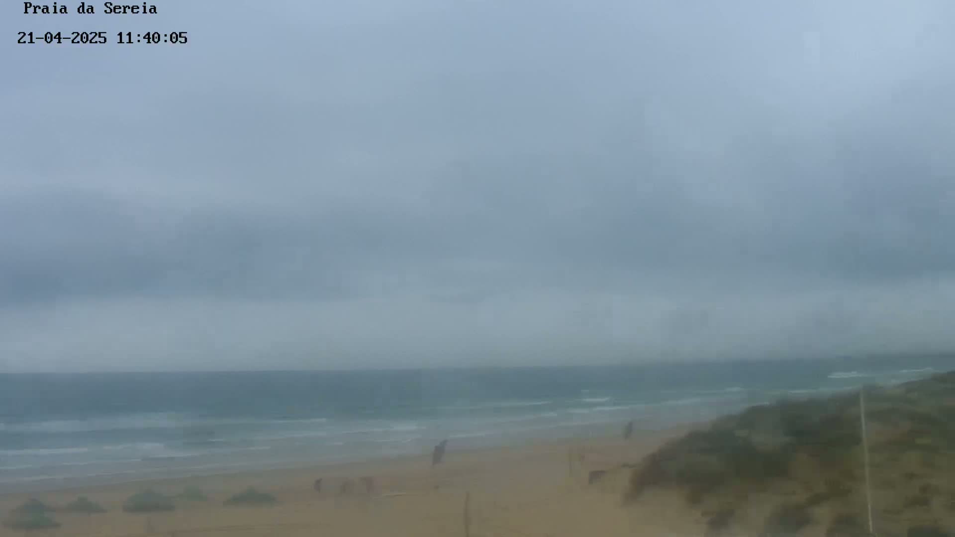 A sandy beach with a few people is visible under an overcast sky, with a somewhat choppy ocean in the background.