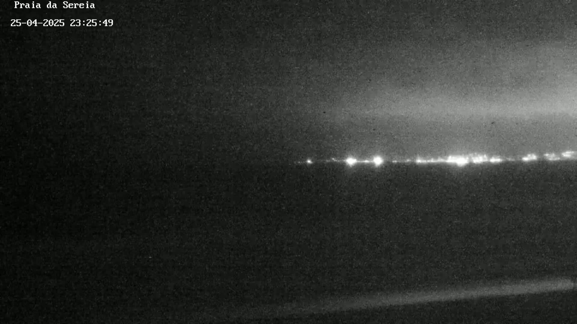A nighttime, low-light image shows a distant line of lights on the horizon.
