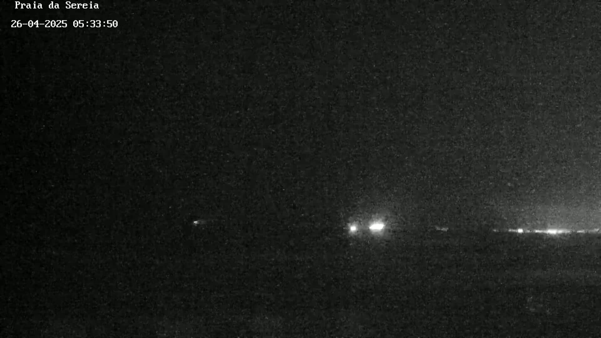 A nighttime, low-light image shows a distant line of lights on the horizon.