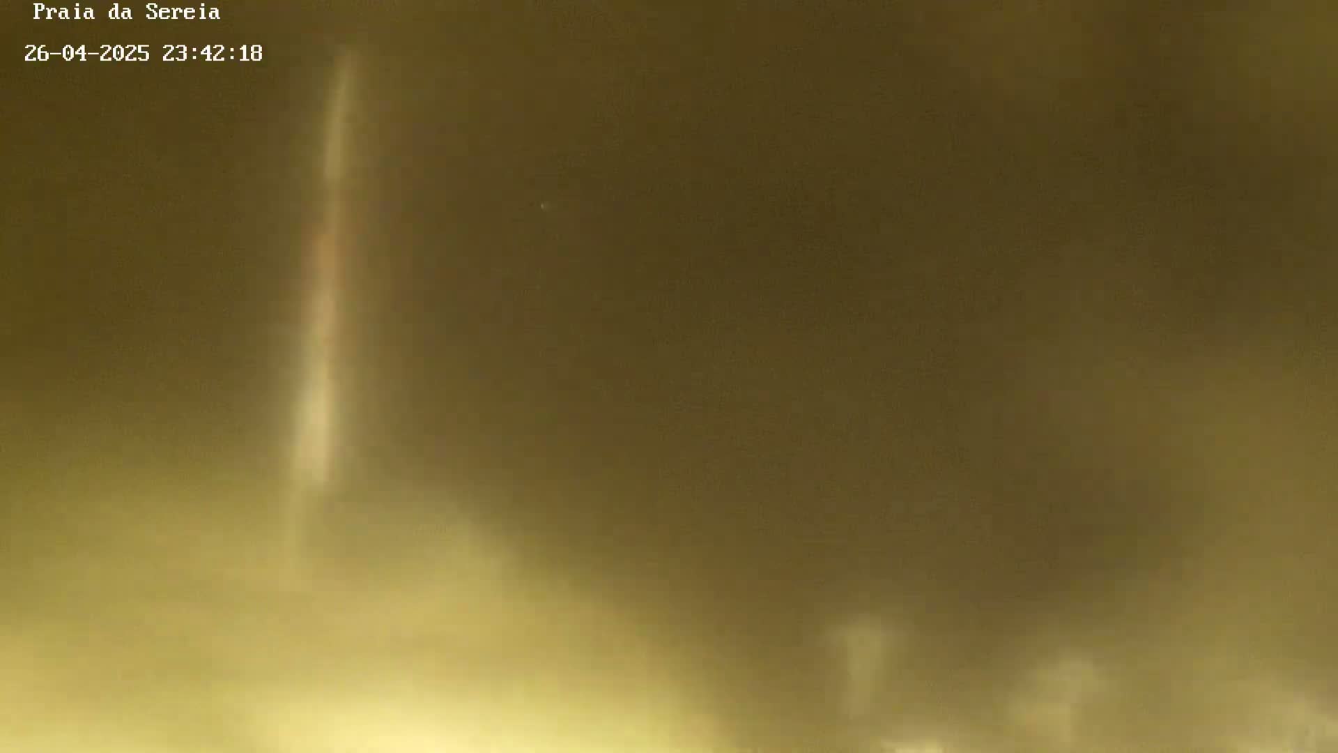 A blurry, pale vertical streak is visible in the muted, yellowish-brown night sky.